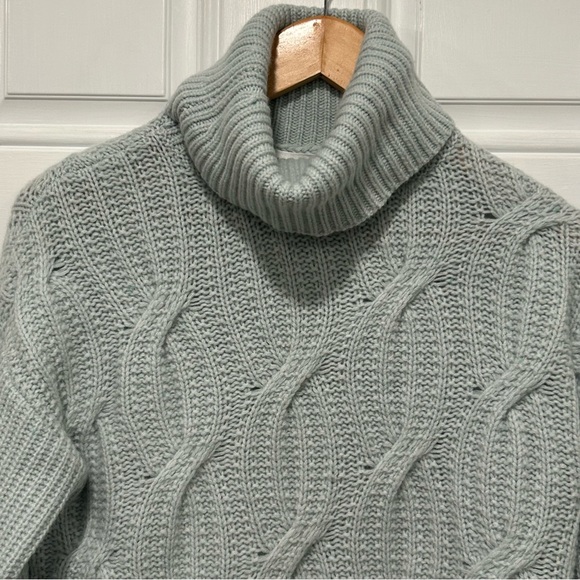 Haven Well Within 100% Cashmere Cable Knit Turtleneck Sweater Seafoam, Small - Picture 3 of 7